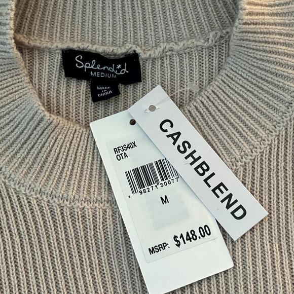 Splendid Cashmere Blend High Neck Sweater Puff Sleeve Beige Size Medium - Picture 3 of 9